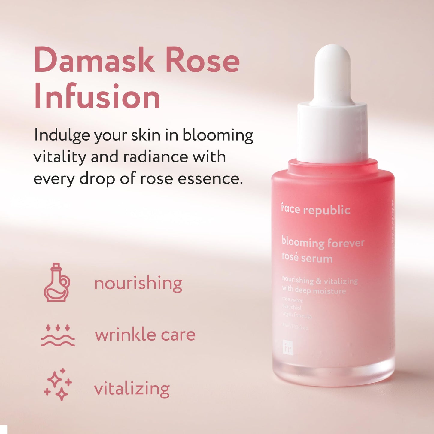 Face Republic Blooming Forever Rosé Serum 45ml 1.52 fl oz | Damask Rose, Bakuchiol | Revitalizing & Rejuvenating | Wrinkle Care | Firm and Elastic Skin | Vegan Korean Skincare