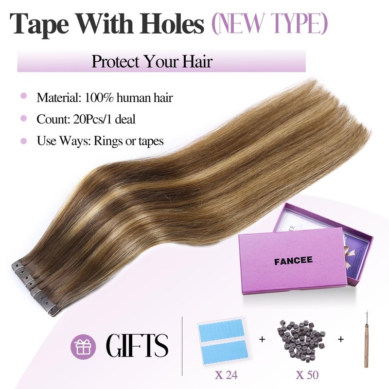 FANCEE OVO Hair Extensions Remy Human Hair PU Holes Wefts with Micro Beads Highlight Honey Blonde Volume Upgrade Butterfly Seamless Weft Invisible Beaded Hair Extension with Tools(40g 20Pcs, 16 Inch)