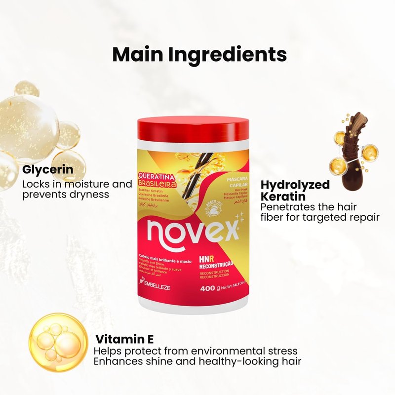 NOVEX Hair Conditioning Mask, Keratin for Frizz Control & Damage Repair, Ultra Concentrated Formula, 1kg / 35.3 oz