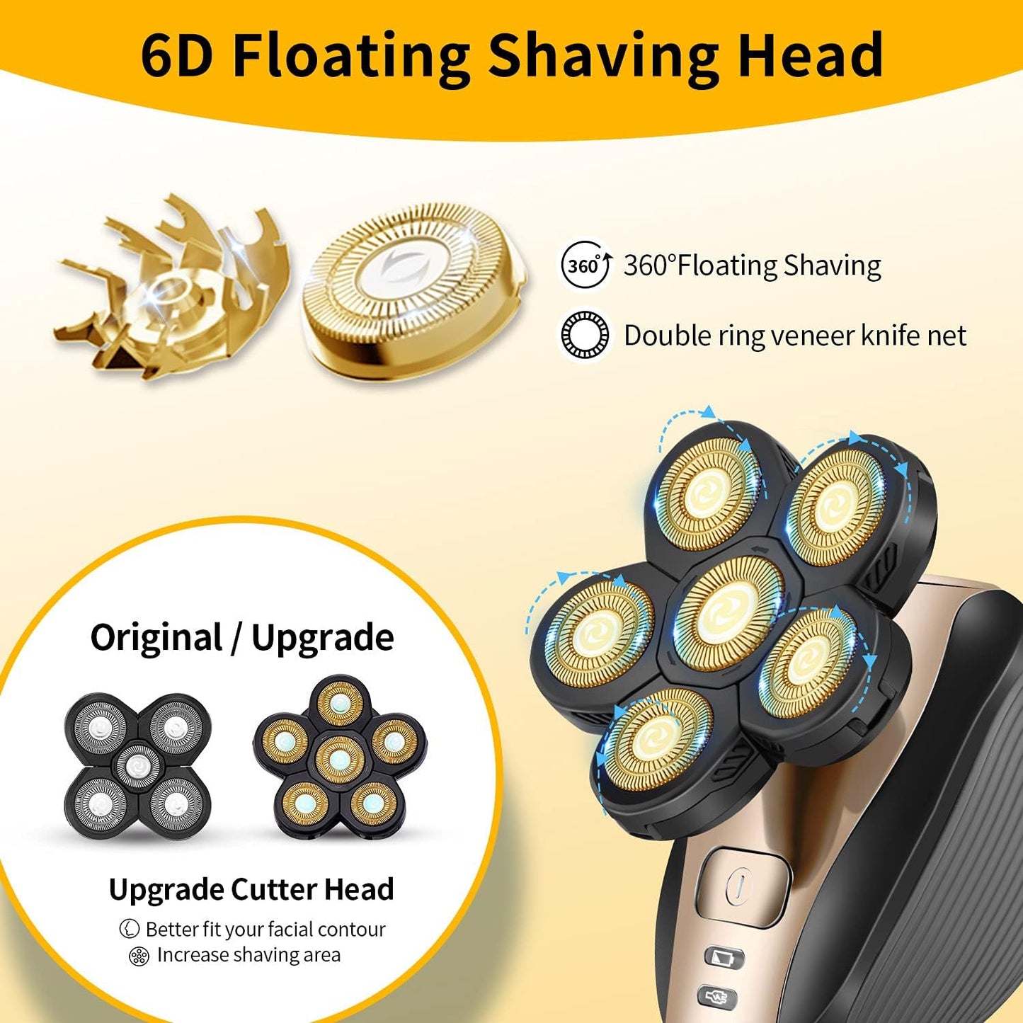 Multifunctional Bald Head Shaver - Waterproof Cordless Electric Razor Grooming Kit for Men | Gold Finish