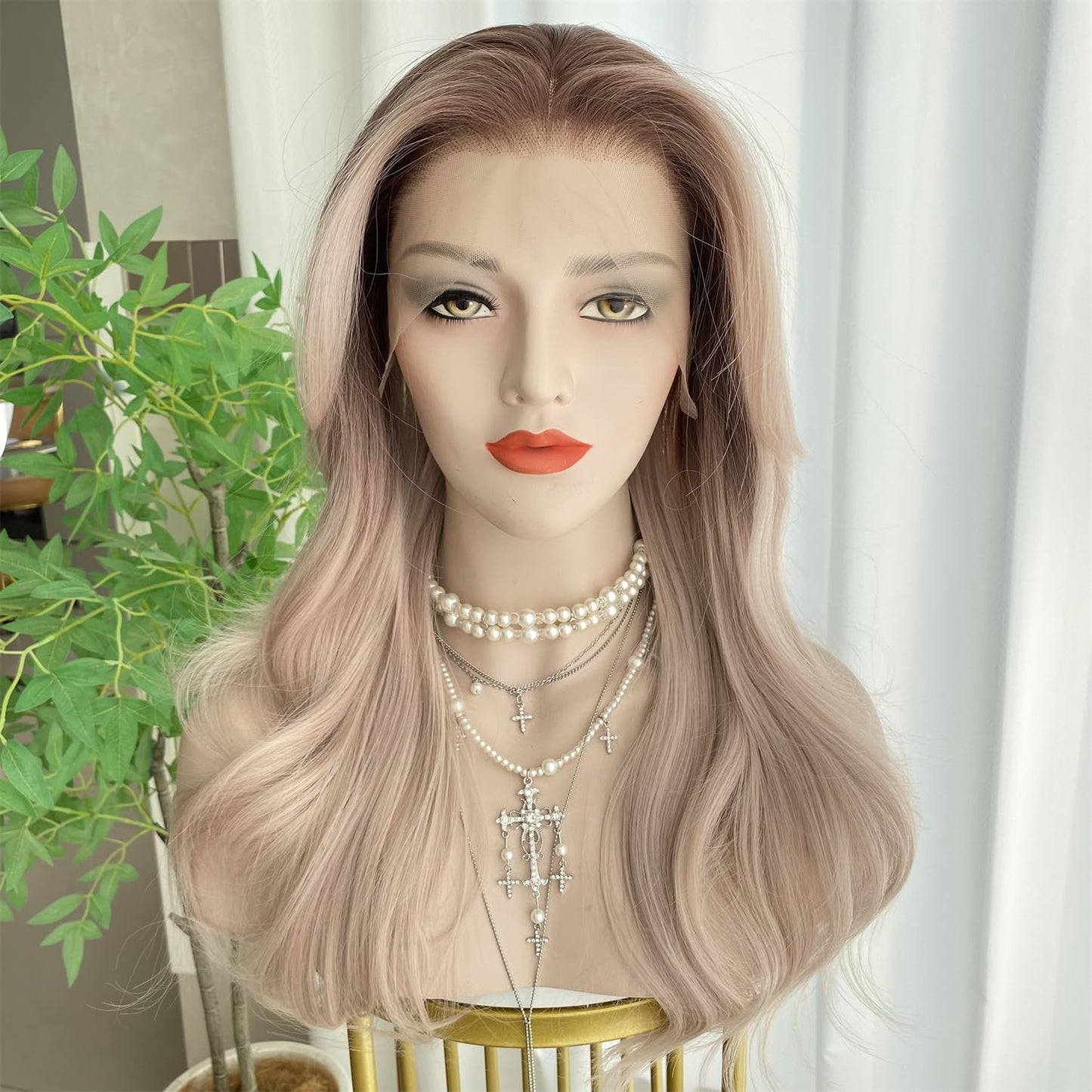 Light Blonde Lace Front Wig - 13x4 Curtain Bangs, 20-Inch Long Natural Wavy Synthetic Fiber for Women
