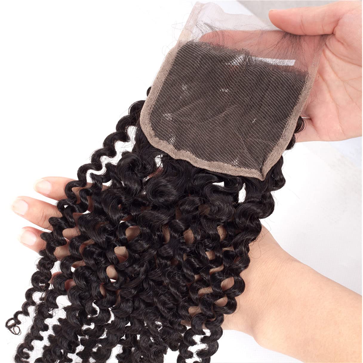 Brazilian Kinky Curly 4x4 Lace Closure 100% Unprocessed Human Virgin Hair Pre Plucked Jerry Curly Pre-Plucked Hairline Frontal Closure Natural Black With Baby Hair (14inch, curly closure)