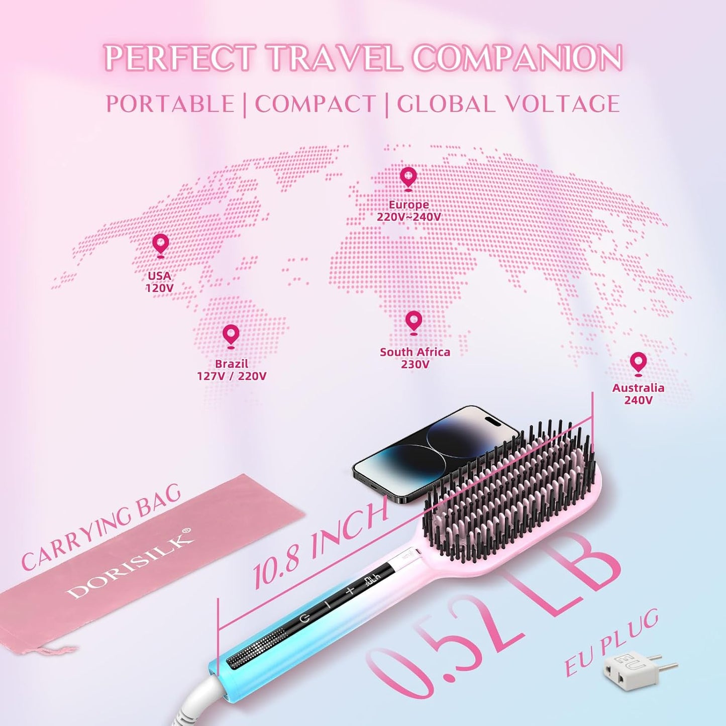 DORISILK Ionic Hair Straightener Brush - 470℉ Heated Comb for Smooth, Frizz-Free Hair | Dual Voltage, Professional Results