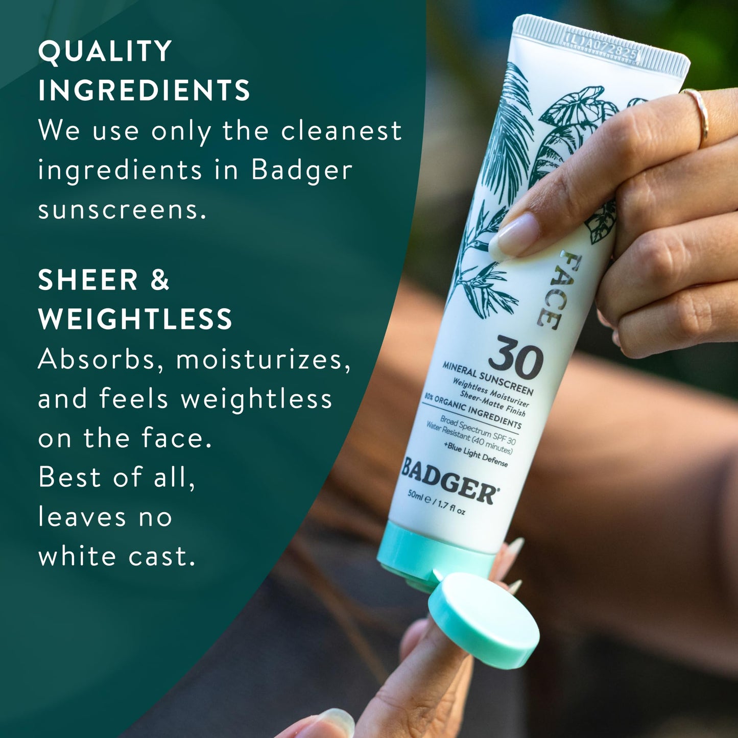 Badger Zinc Oxide Face Sunscreen SPF 30, Lightweight Mineral Sunscreen for Face, Matte Finish, No White Cast, Vegan, Water Resistant, Unscented, Mineral Sunblock Face Lotion, 1.7 fl oz