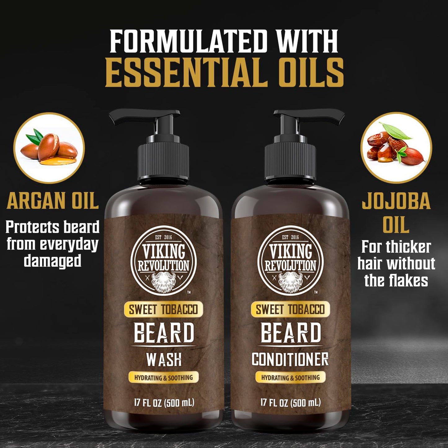 Viking Revolution Beard Wash & Conditioner for Men | Argan & Jojoba Oil - 17oz Sweet Tobacco Beard Softener