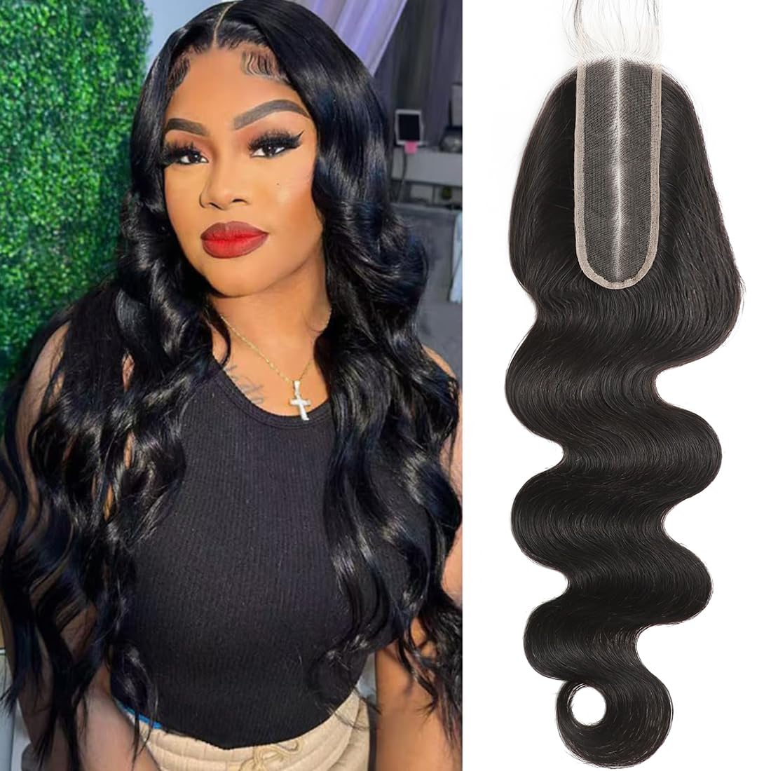 2x6 Human Hair HD Transparent Lace Closure - Body Wave, 16-Inch, Natural Black, Glueless, Pre-Plucked