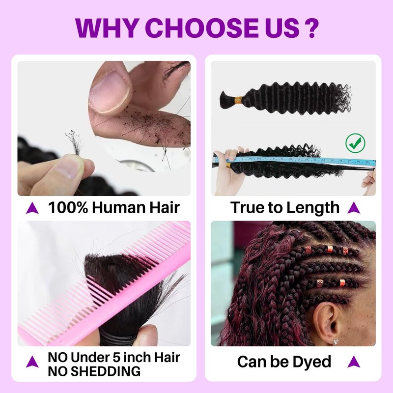 Human Braiding Hair for Boho Braids, Deep Wave Bulk Boho Braids Human Hair for Knotless Curly Bohemian Water Wave Boho Hair for Braiding 110g 16 Inch Natural Color (3 No Weft Bundles/Pack)
