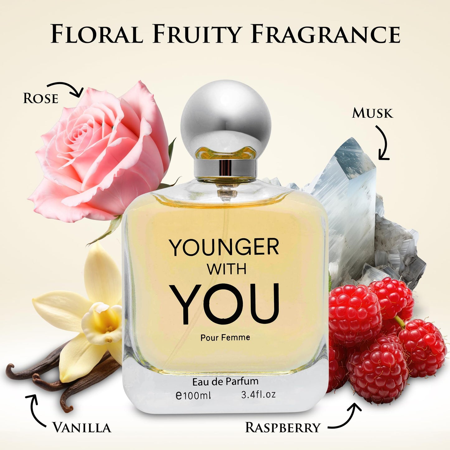 Younger With You for Women Eau De Parfum – Floral & Fruity Scent – Rose & Vanilla Base – Raspberry & Neroli Top – Natural, Mild, Paraben-Free, Vegan & Cruelty-Free – Elegant 100ml Bottle