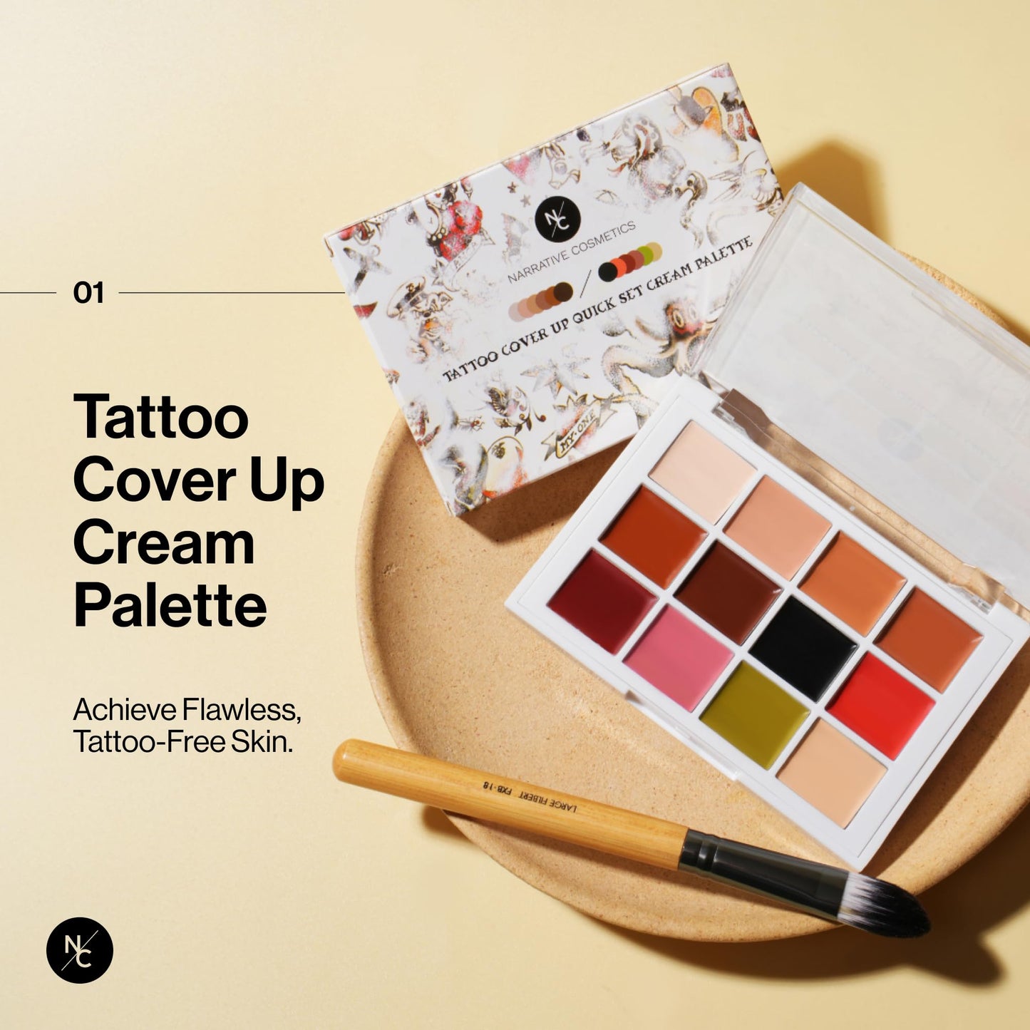 Narrative Cosmetics 12-Color Tattoo Cover Up Makeup Palette | Quick-Set Waterproof Cream Concealer for Tattoos, Scars & Blemishes | Long-Lasting, Smudge-Proof Formula for All Skin Tones