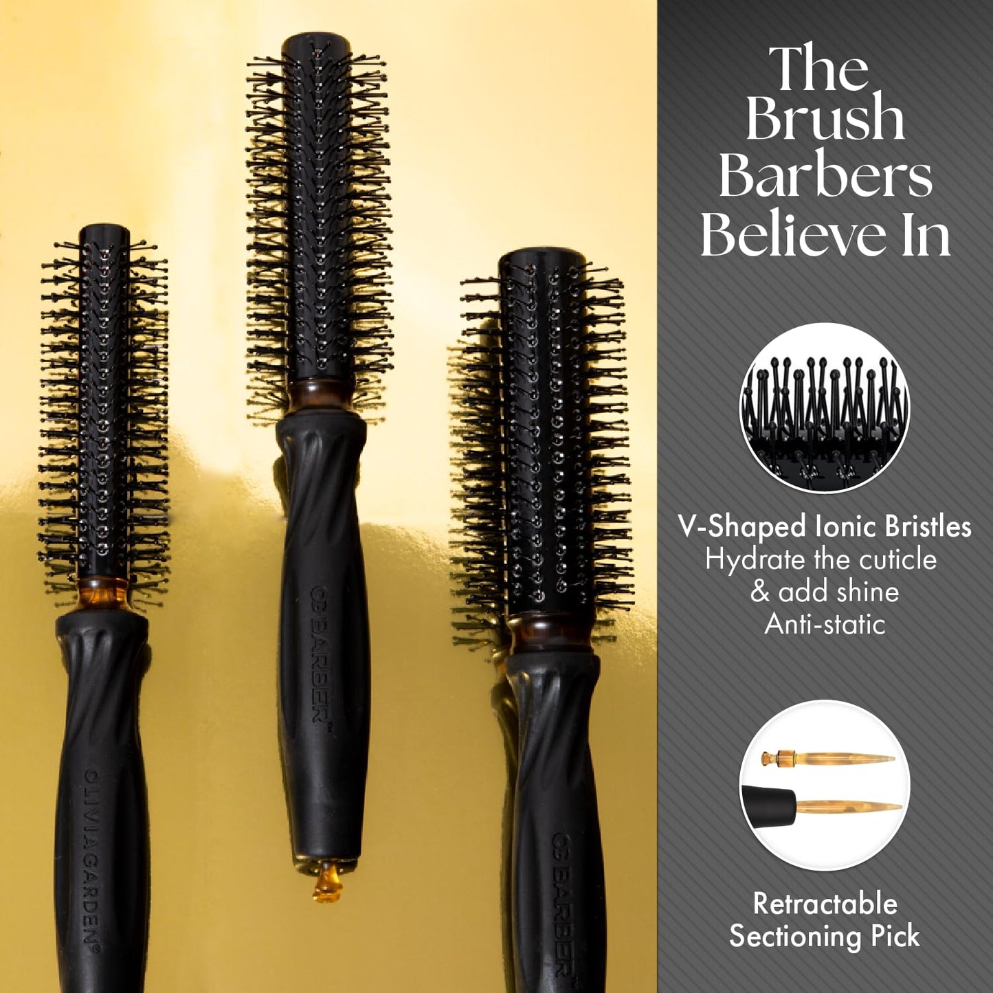Olivia Garden OG Barber round brush with Ceramic Coated Barrel, quick drying and v-shaped bristles for easy styling on men hair, 3/4 inch