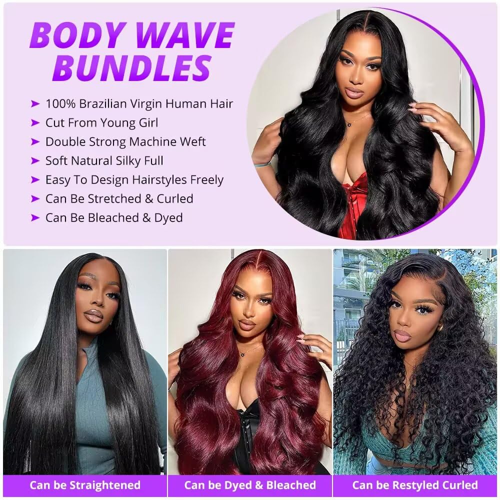 12A Human Hair Bundles 16 Inch Body Wave Bundles Human Hair 100% Unprocessed Brazilian Virgin Weave 1 Bundle for Women Natural Black Wavy Human Hair Extensions