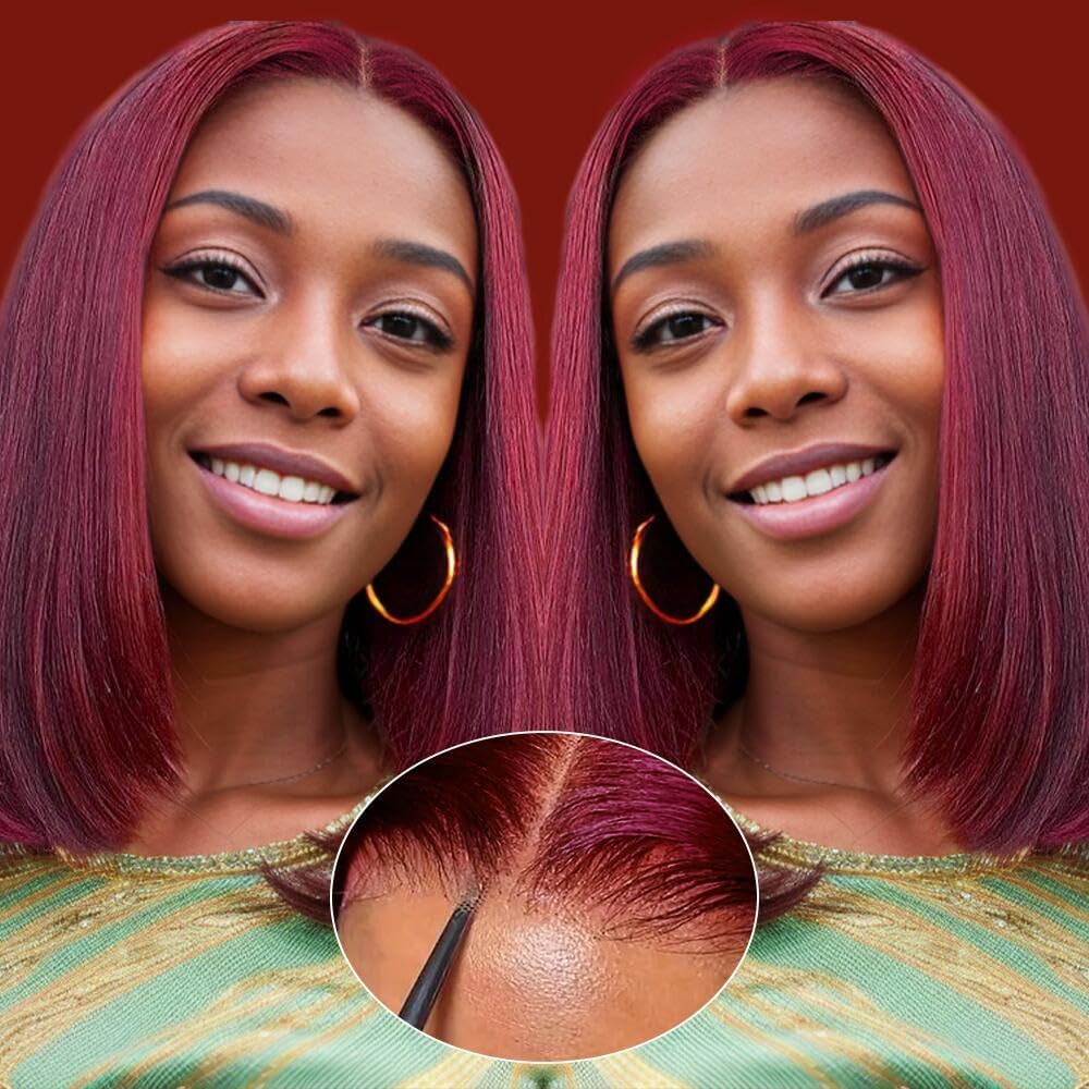 GUDOZO 99J Burgundy Bob Wig Human Hair 12 Inch 4x4 HD Lace Front Glueless Wigs Human Hair Pre Plucked Pre Cut 180% Density Short Straight Bob Wigs for Black Women