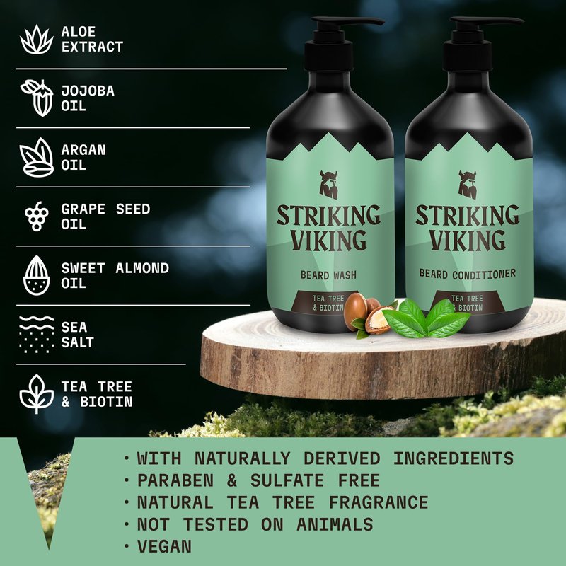 Striking Viking Beard Wash and Conditioner (Tea Tree & Biotin) - Paraben & Sulfate Free Cleansing Care for All Beard Types (10oz Per Bottle)
