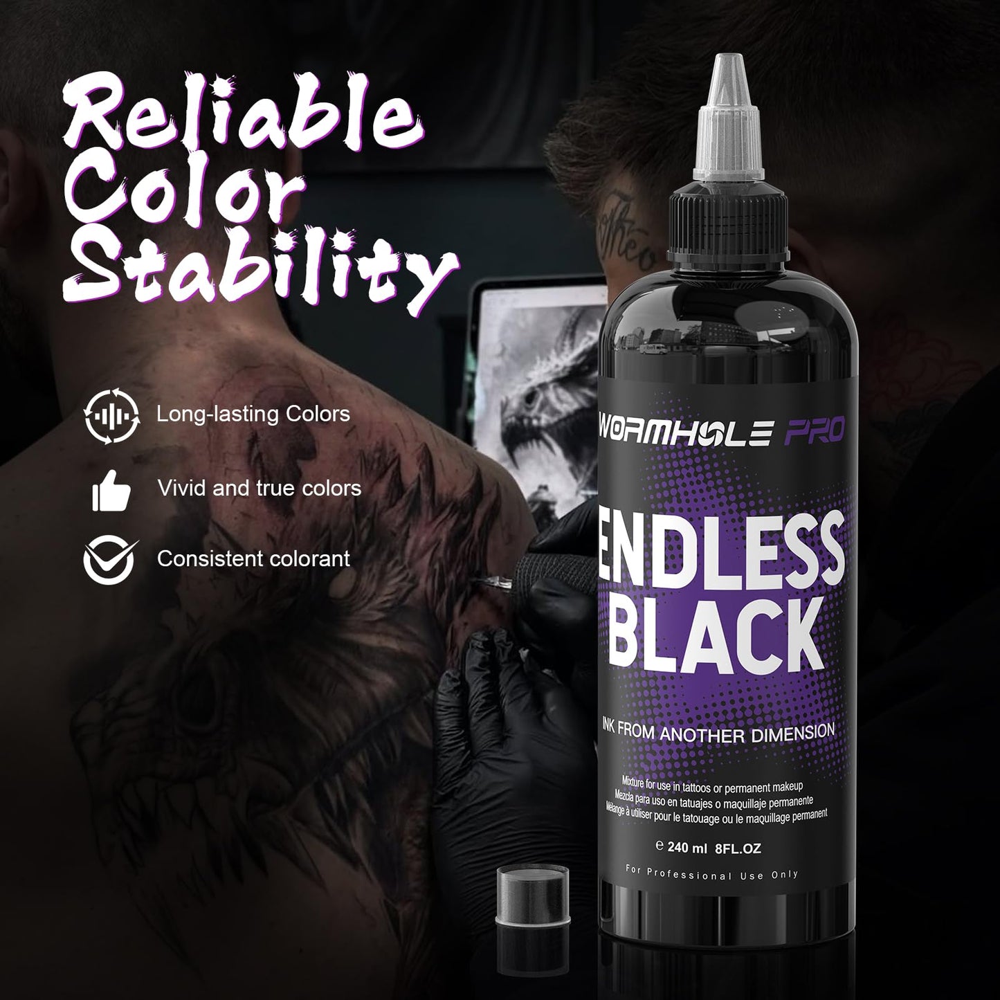 WORMHOLEPRO Black Tattoo Ink - Endless Black Ink, Long Lasting Vivid, Vegan Pigment for Old School, Tribal Tattoos (8 oz Bottle)