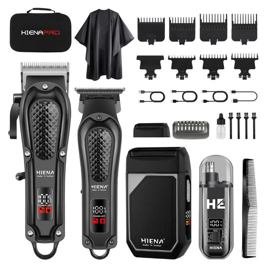 HIENA PRO Professional Hair Clipper Set for Men, Cordless Barber Clippers Set and Trimmer Kit, USB Rechargeable Electric Nose Hair Trimmer Kit & Beard Trimmer, Foil Shaver & Men's Facial Grooming Tool