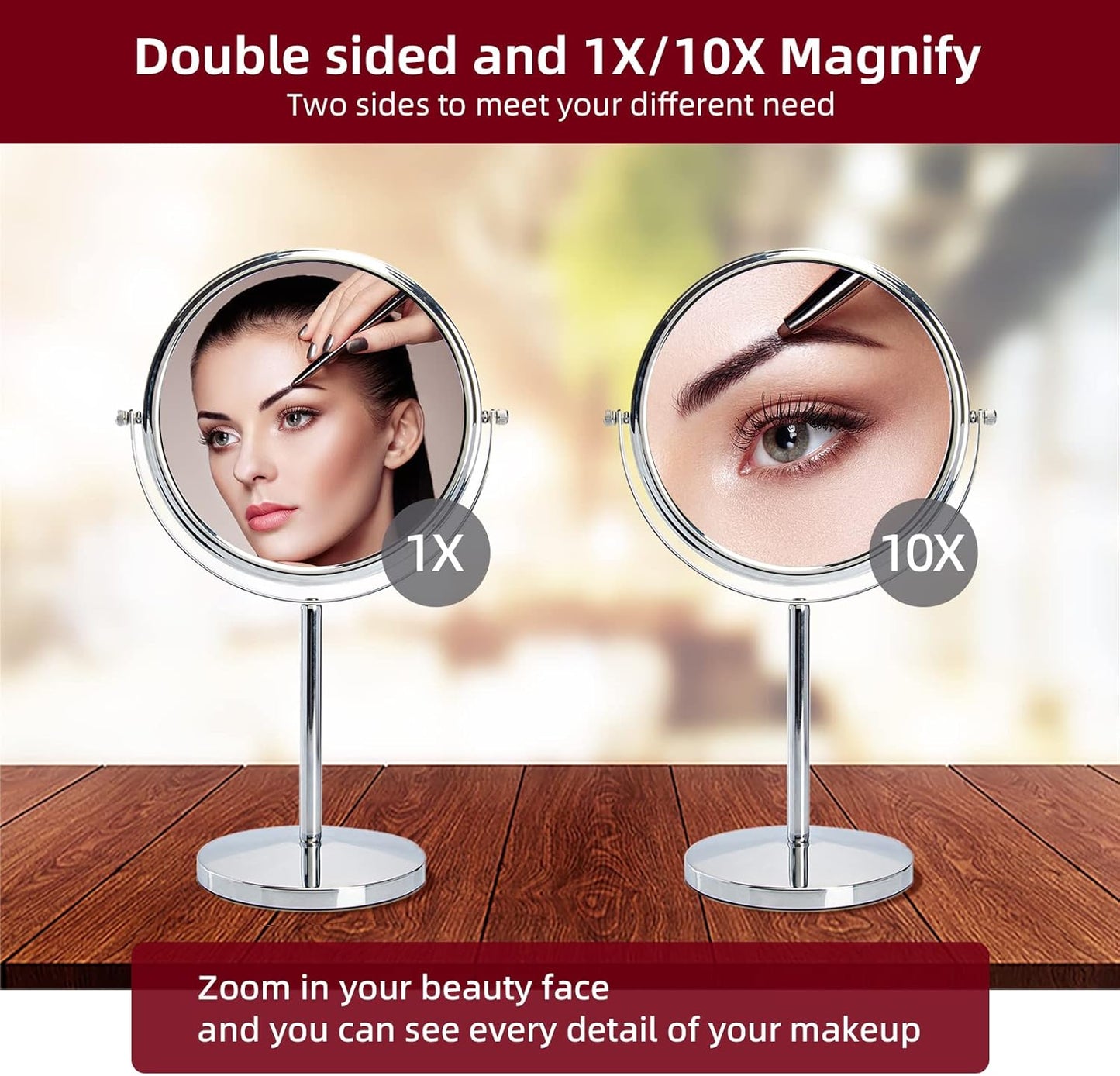 Classic Round Desktop Makeup Mirror - 15" Tall Double-Sided 360° Swivel Vanity Mirror | 1X/10X Magnification for Bathroom & Bedroom