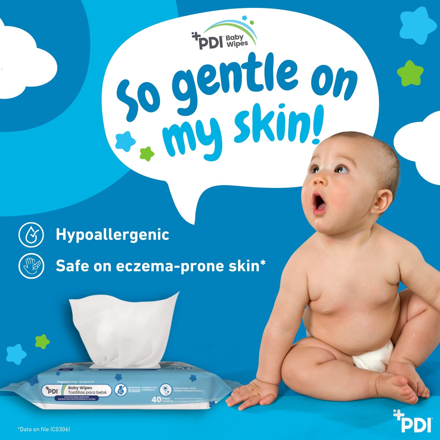 PDI Baby Wipes, Hypoallergenic, Eczema Safe, Fragrance Free, Plant-Based Wipes, 12 Packs of 40 Wipes Each (480 Total)