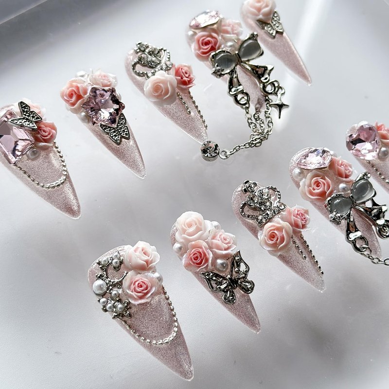 Luxury Press on Nails Long Almond Handmade 3D Unique Reusable ABS Material Fake Nails Pink Gothic False with Designs Glitter Bow Rhinestones Charms Glossy Glue on Nails Thick Acrylic Nails(M)