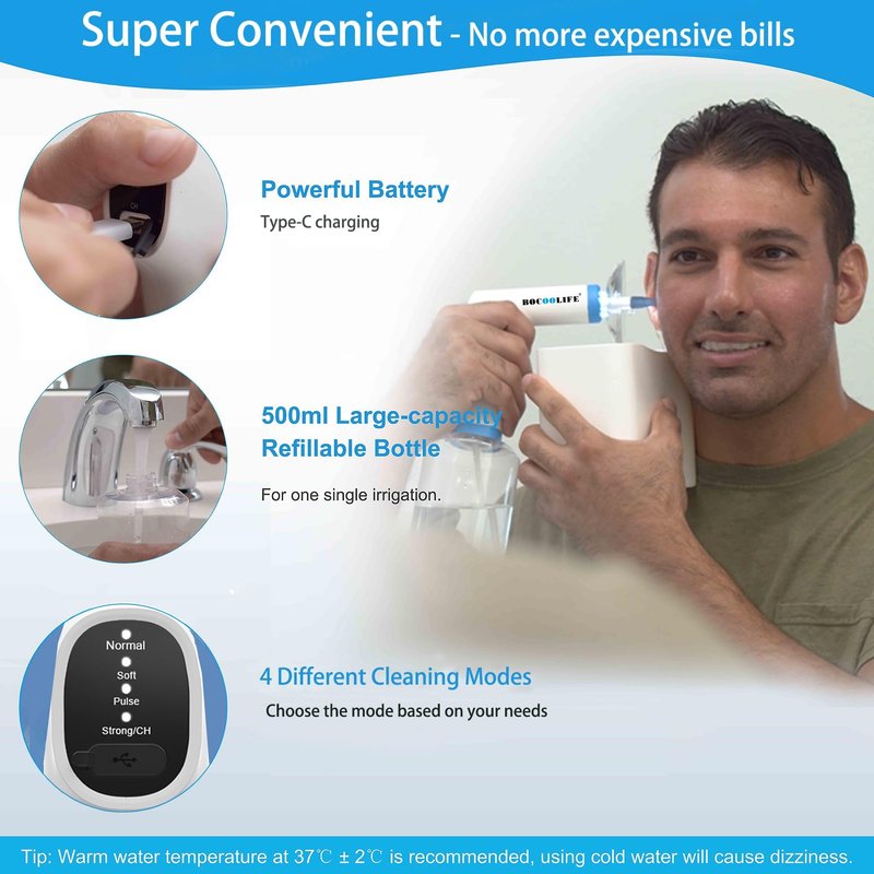 BOCOOLIFE Electric Ear Wax Removal Kit – Water Flushing Irrigation System Ears Flush Cleaner Powered Cleaning 4 Pressure Settings, Safe & Effective Ear Cleaning for Adults, Includes 5 Tips