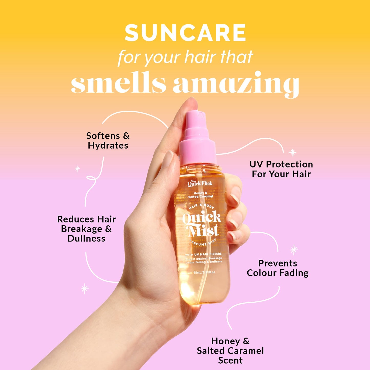 The Quick Flick 3-in-1 Hair & Body Mist with UV Hair Protection – Reduces Hair Breakage & Hydrating Oil Blend – Vegan & Cruelty-Free with Salted Caramel & Honey Scent – Made in Australia