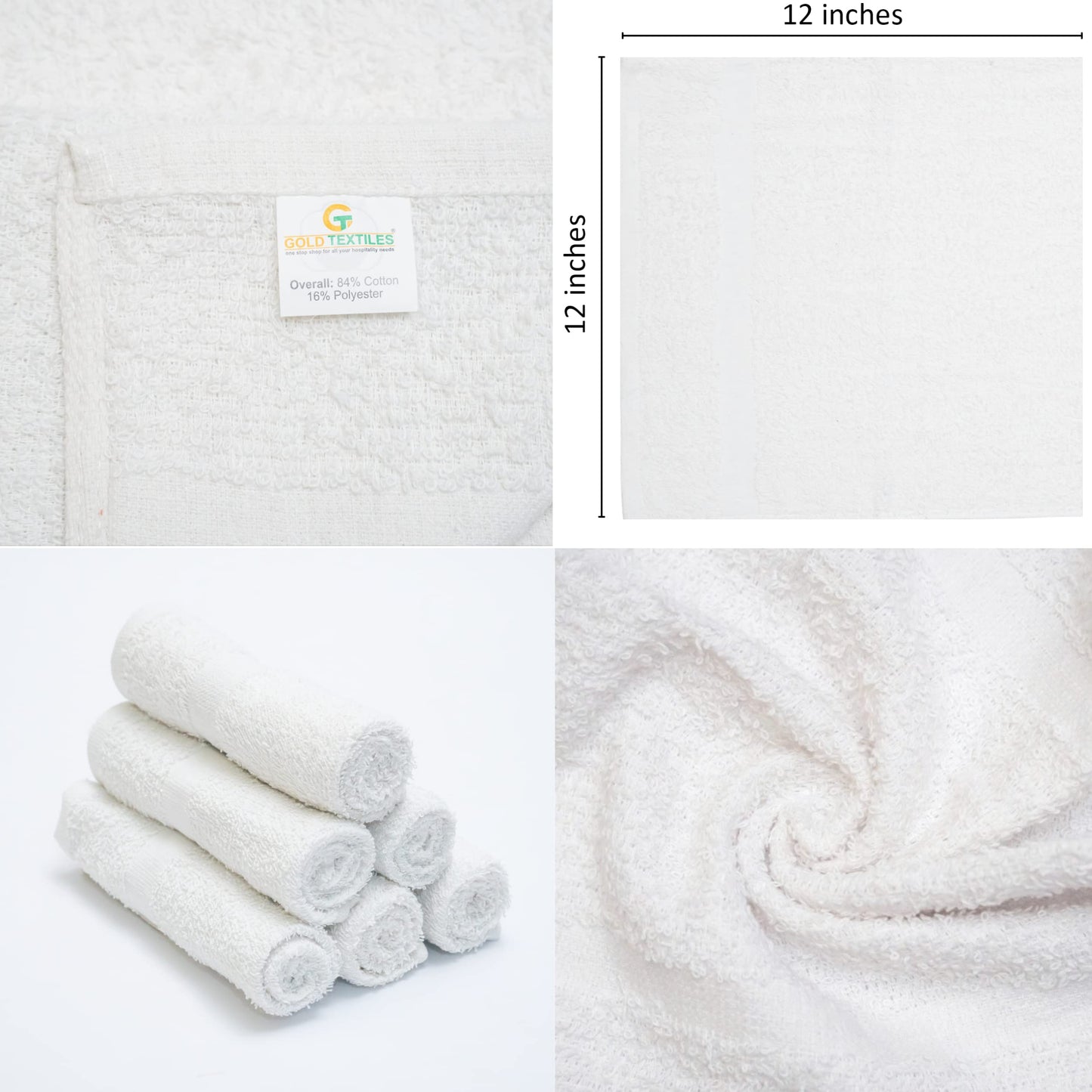 GOLD TEXTILES 48 Pack Economy White Washcloths Set (12x12 inches) - Cotton Blend Commercial Grade Cleaning Rags, Quick Drying & Soft Face Cloths, Fingertip Towels for Bathroom, Spa, Gym, and Kitchen