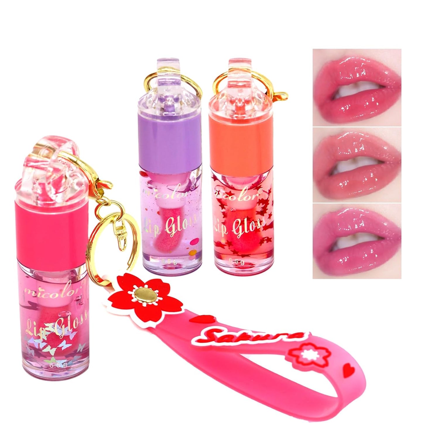 Hydrating Lip Gloss Set - Glossy Shimmer Finish | 3 Colors with Natural Moisturizing Formula & Sakura Keychain Design