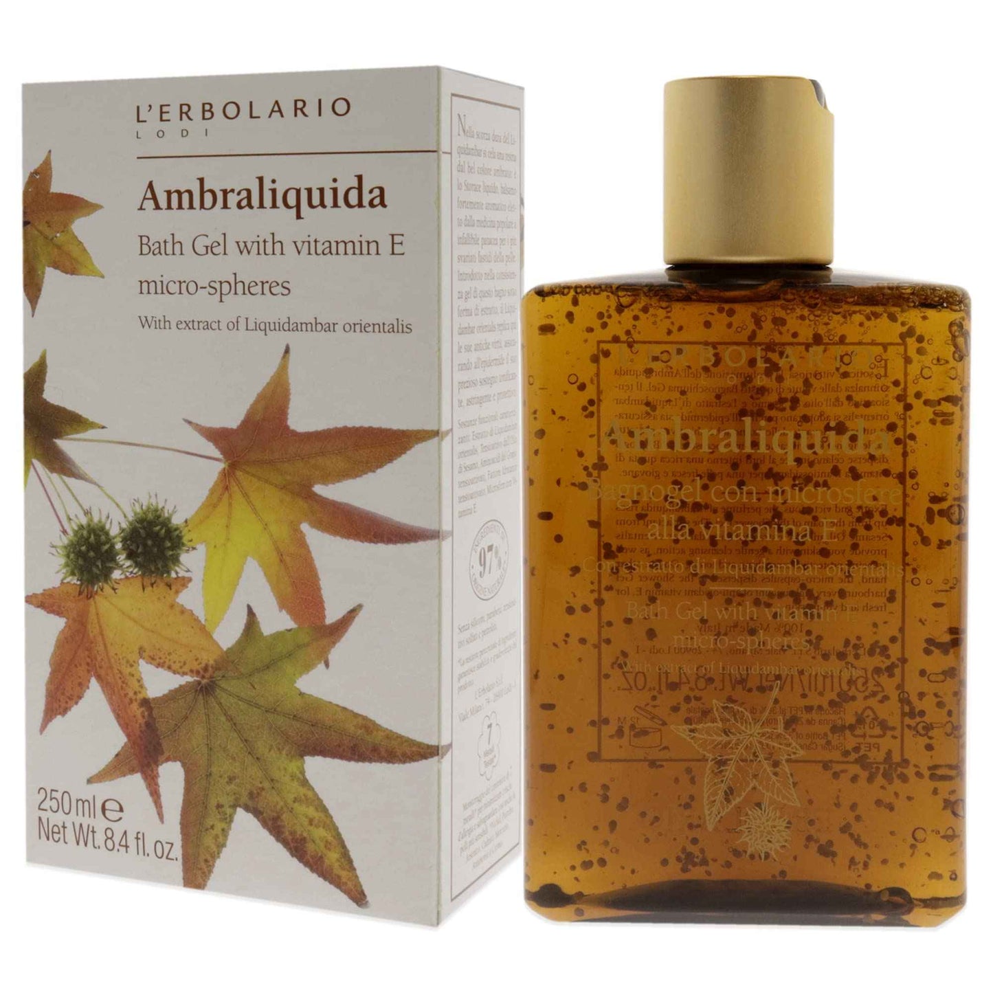 L'Erbolario Shower Gel – Bath Gel with Vitamin E Micro-Spheres – Protecting and Toning Body Wash with Liquidambar Extract – Ambraliquida - 8.4 oz
