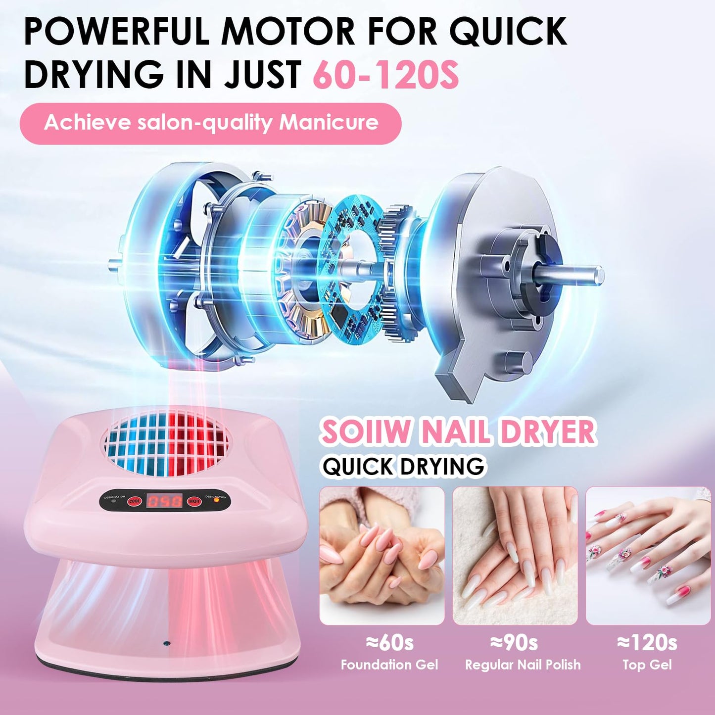 Soiiw Nail Dryer Professional 300W Quick Drying Gentle Nail Dryer Fan for Regular Polish Acrylic Dip Powder Nail Dehydrator Primer with Hot & Cold Air Nail Tech for Home Salon
