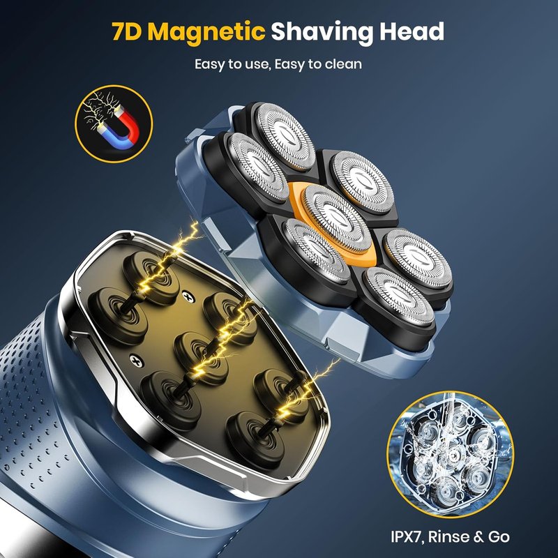 7D Head Shaver - Upgraded Magnetic Electric Razor for Bald Men | IPX7 Waterproof, Rechargeable Wet/Dry Shaving for Scalp, Face, Beard, Body