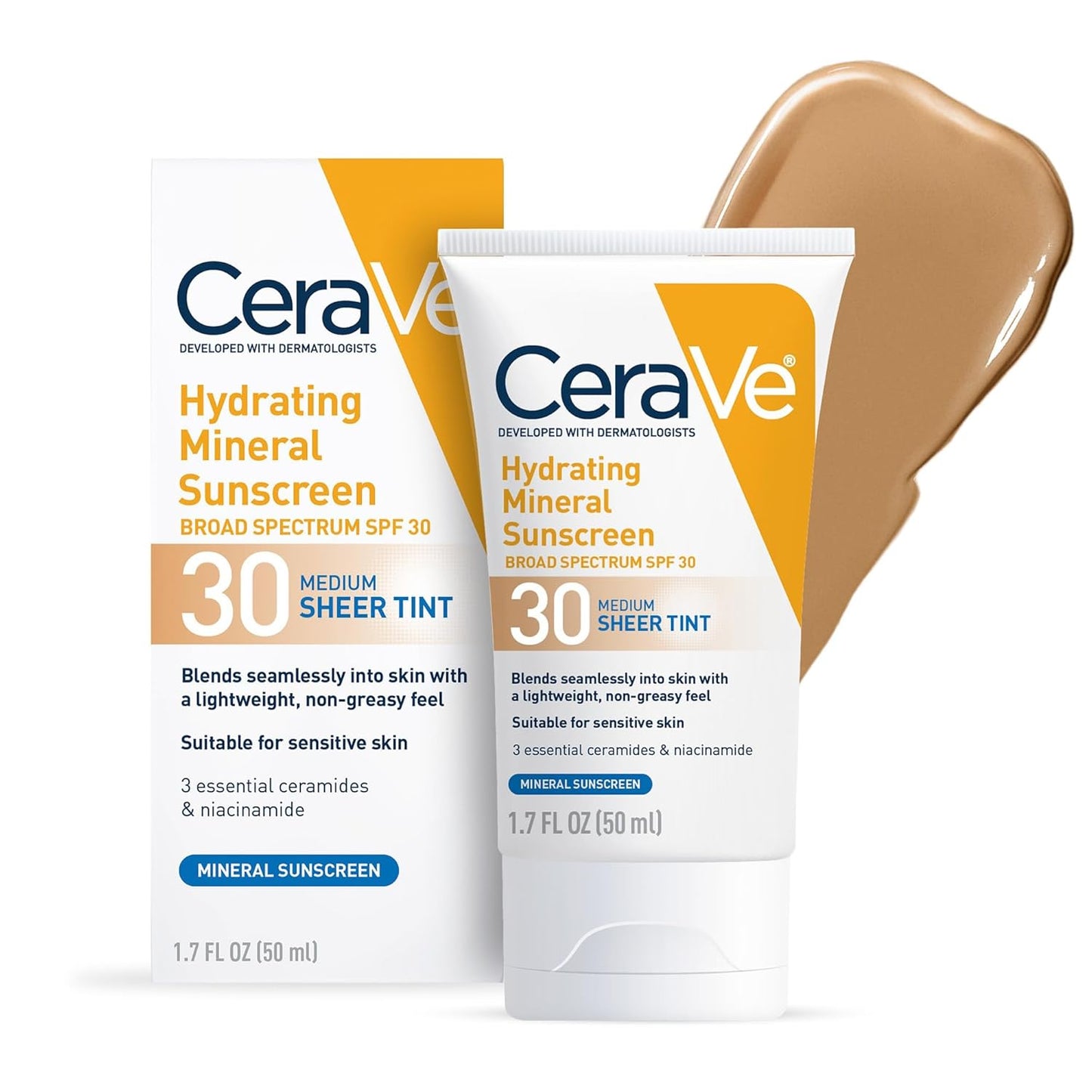 CeraVe Hydrating Mineral Sunscreen SPF 30 - Tinted Zinc Oxide Formula for Healthy Glow | Medium, 1.7 Fl Oz
