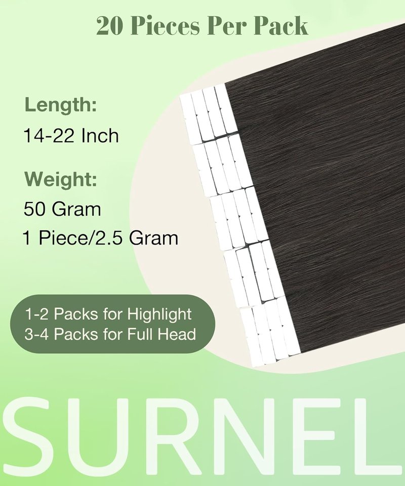 Tape In Hair Extensions - 16 Inch Human Hair - Darkest Brown - 20 Pcs, 50g