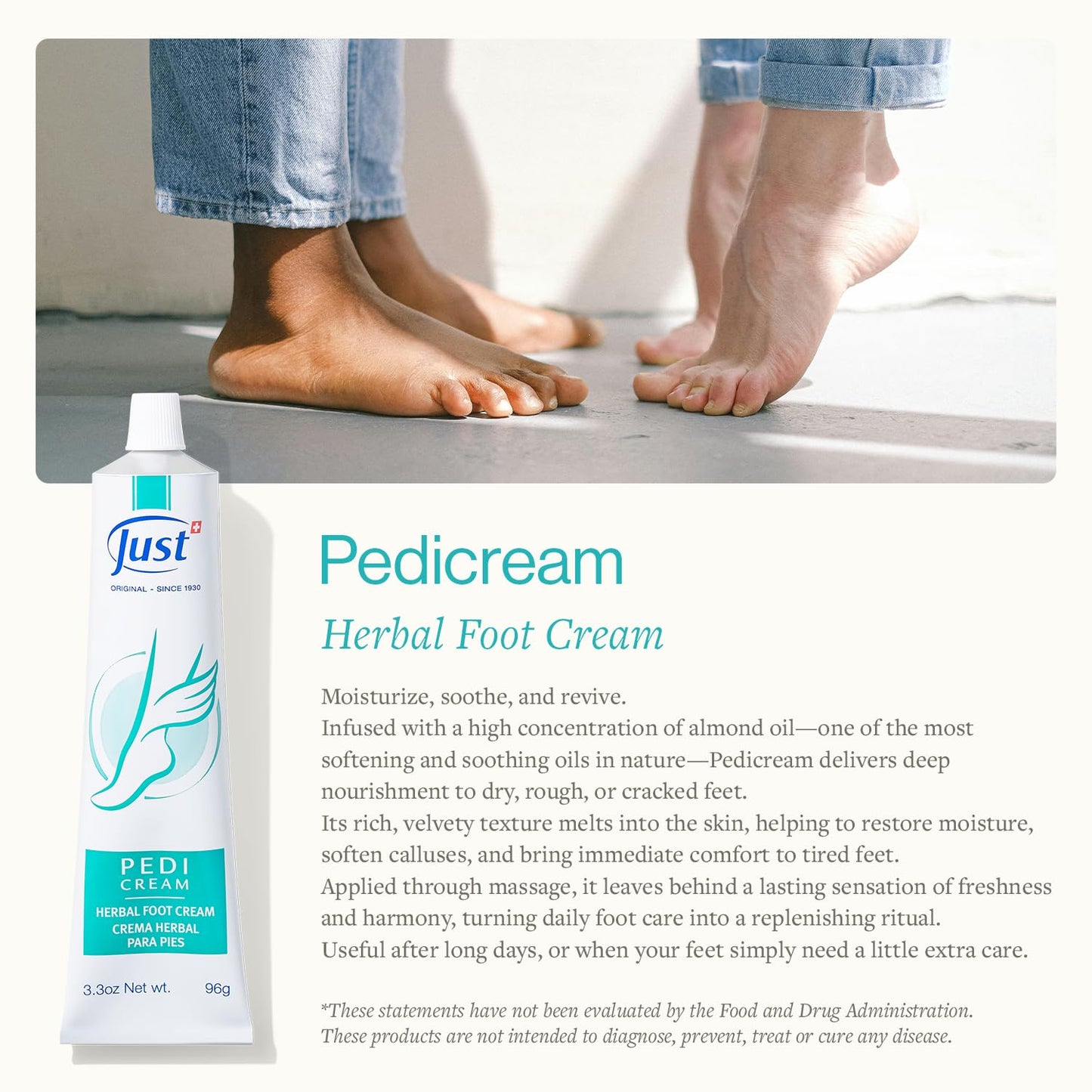 Swiss Just Pedicream Foot Cream 3.4 Fl oz- Nourishing Foot Care Kit with a High Concentration of Almond Oil for Skin - Soothing and Moisturizing Natural and Herbal Formula for Dry and Cracked Feet