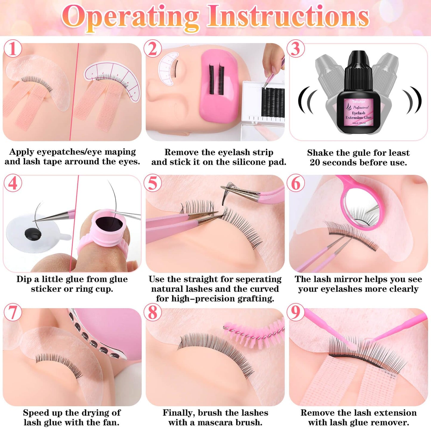 Tetutor EyeLash Extension Kit for Beginners, Professional Lash EyeLash Extension Practice Kit with Everything, Mannequin Head, Eye Lashes Glue, Lash Kit for Eyelash Extensions Beginners Training