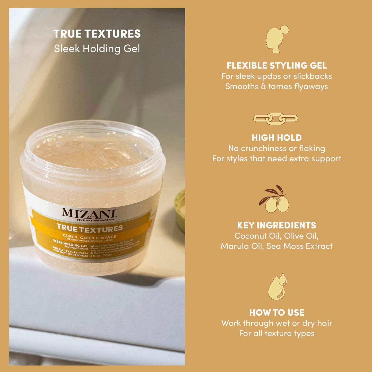 Mizani True Textures Sleek Holding Gel | Firm Hold Hair Gel | Flexible, Flake-Free | For All Hair Types