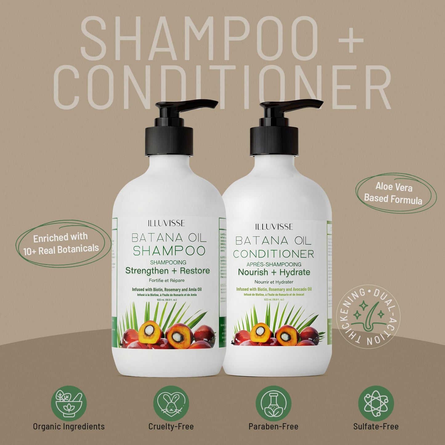 ILLUVISSE Batana Oil Shampoo and Conditioner Set for Hair Growth & Thickening, Organic Rosemary, Tea Tree Oil, Biotin & Aloe Vera Formula for Men & Women, Strengthens Nourishes & Smooths, 500ml Each