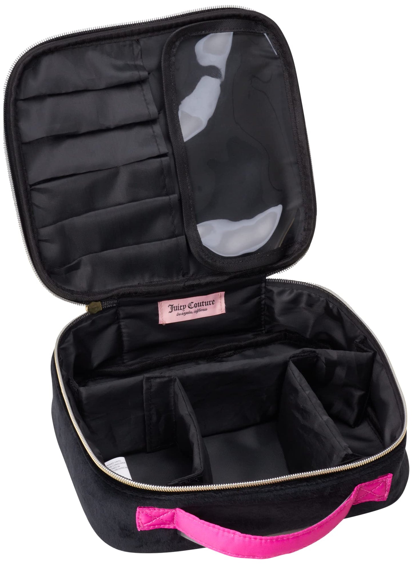 Juicy Couture Black Hot Pink Makeup Bag Cosmetics Organizer Travel Essentials Compartmentalized Glitter