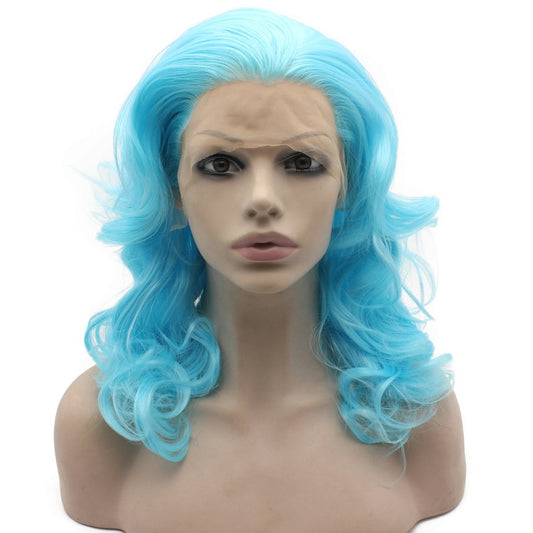 MX angel Medium Long Shoulder Length Wavy Light Blue Lace Front Costume Party Wig