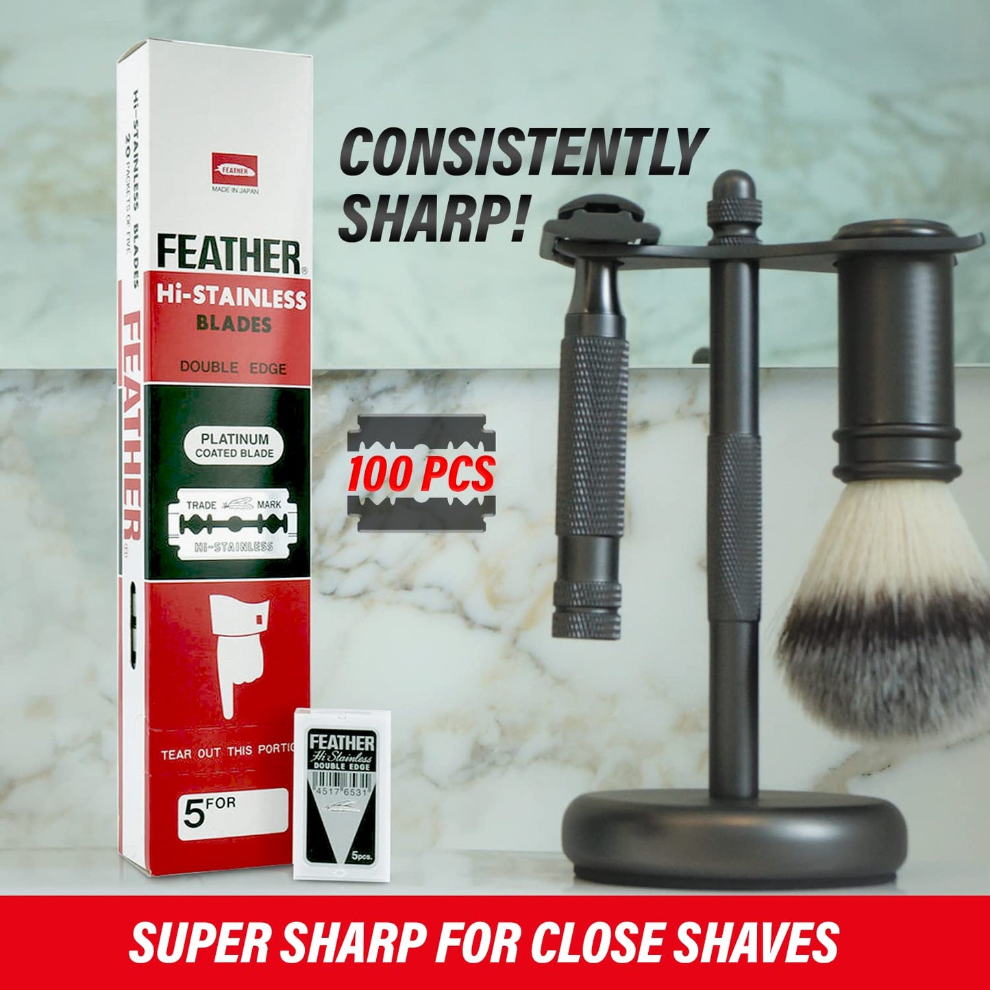Feather Double Edge Safety Razor Blades - (50 Count) - Platinum Coated Hi-Stainless Steel Razor Blades - Fits Most Safety Razors - Super Sharp for Close Shaves - Made in Japan