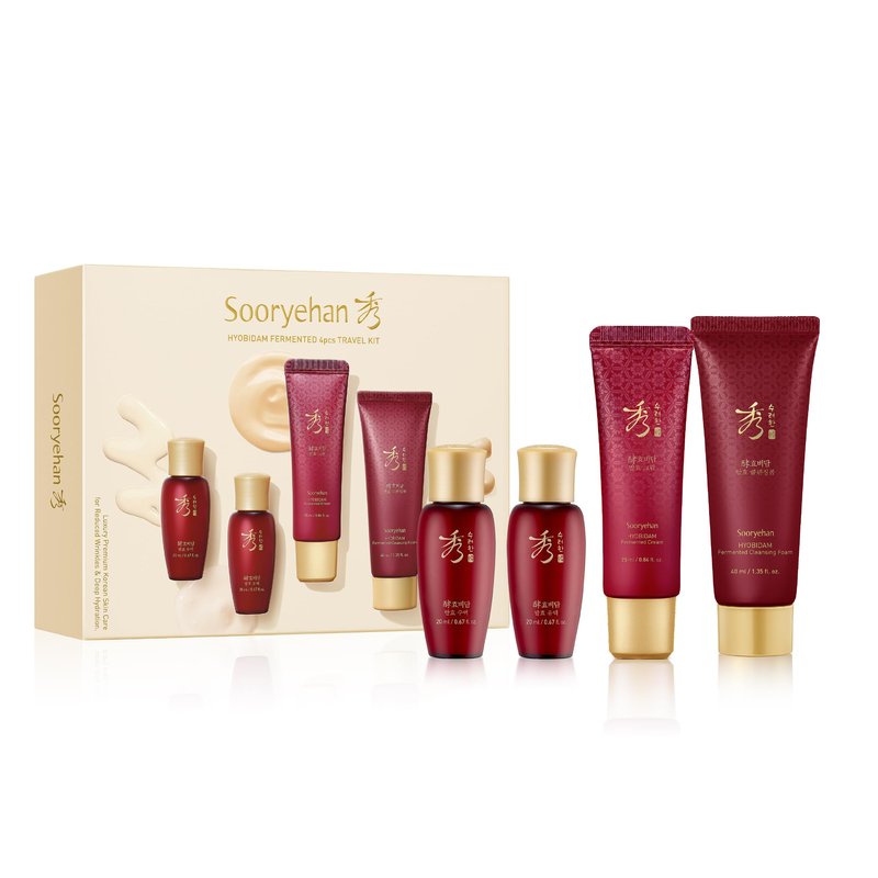 Sooryehan Hyobidam Fermented Skincare Trial Kit (Pack of 4) - Korean Skincare Miniature Set: Toner, Emulsion, Cream & Cleansing Foam - Herbal Hydration & Elasticity, Ginseng Extract, Travel Size Gift