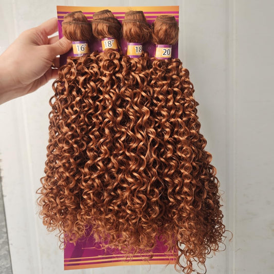 Highlight Brown Afro Kinky Curly Synthetic Hair Weave 4 Bundles 16 18 18 20 Inches Jerry Curl Synthetic Hair Weft Extensions(Color 30)
