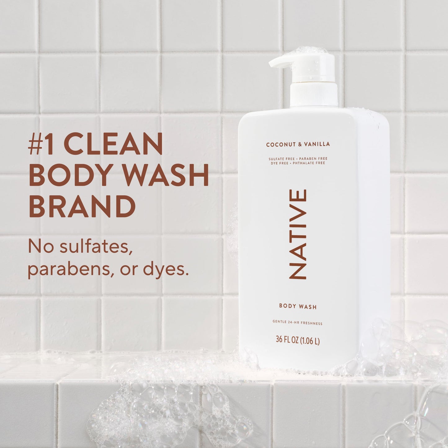Native Body Wash for Women & Men, Coconut & Vanilla, 36 oz Pump Bottle, Sulfate-Free & Gentle