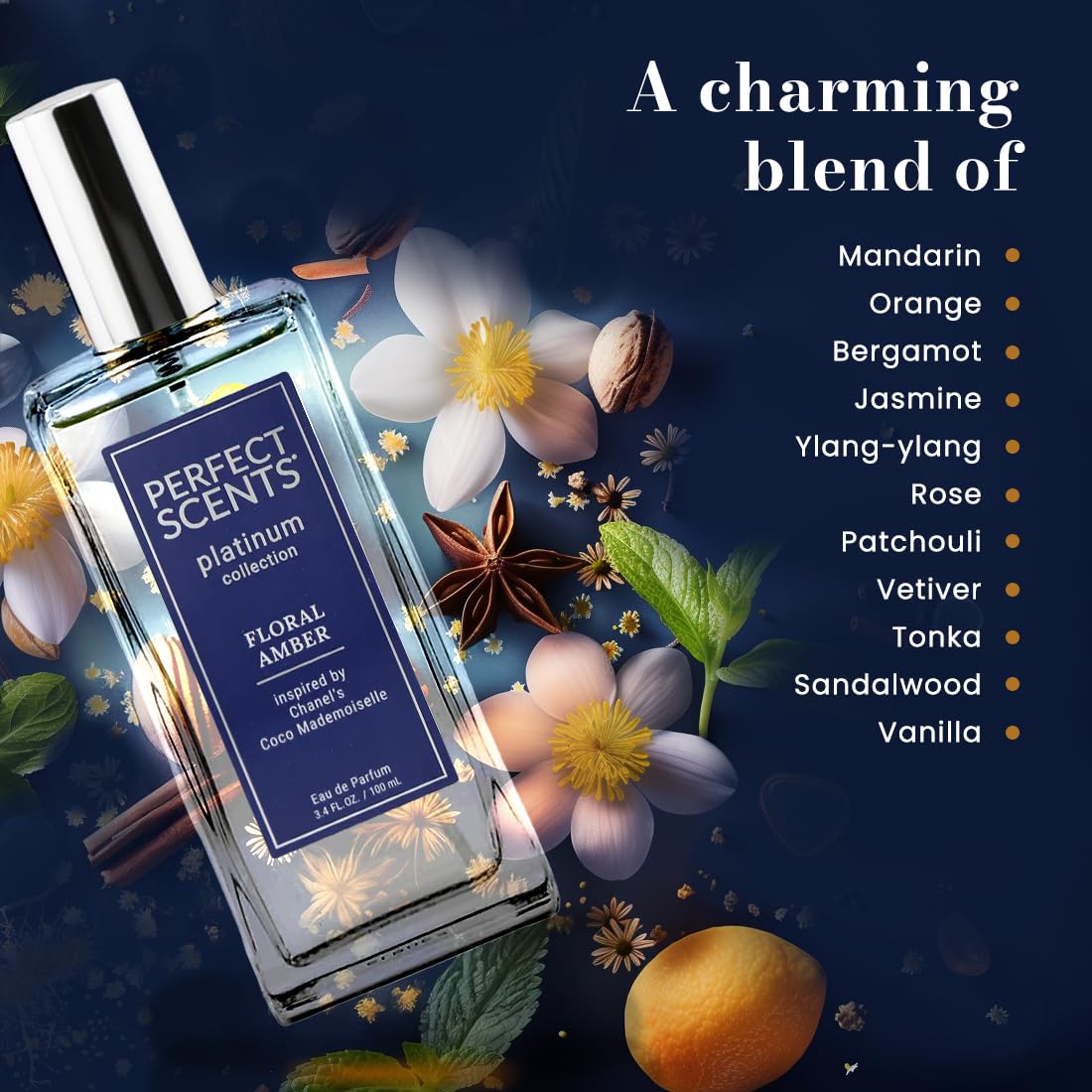 Perfect Scents Fragrances | Inspired by Chanel’s Coco Mademoiselle | Platinum Collection | Floral Amber | Women’s Eau de Parfum | Vegan, Paraben & Phthalate Free | Never Tested on Animals | 3.4 Fl Oz