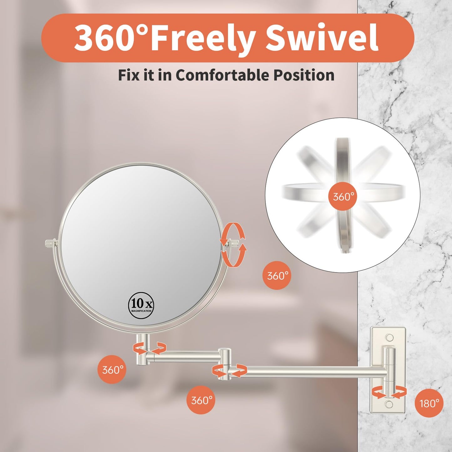 Erlingeryi Wall Mount Makeup Mirror with 1X/10x Magnification, Nickel