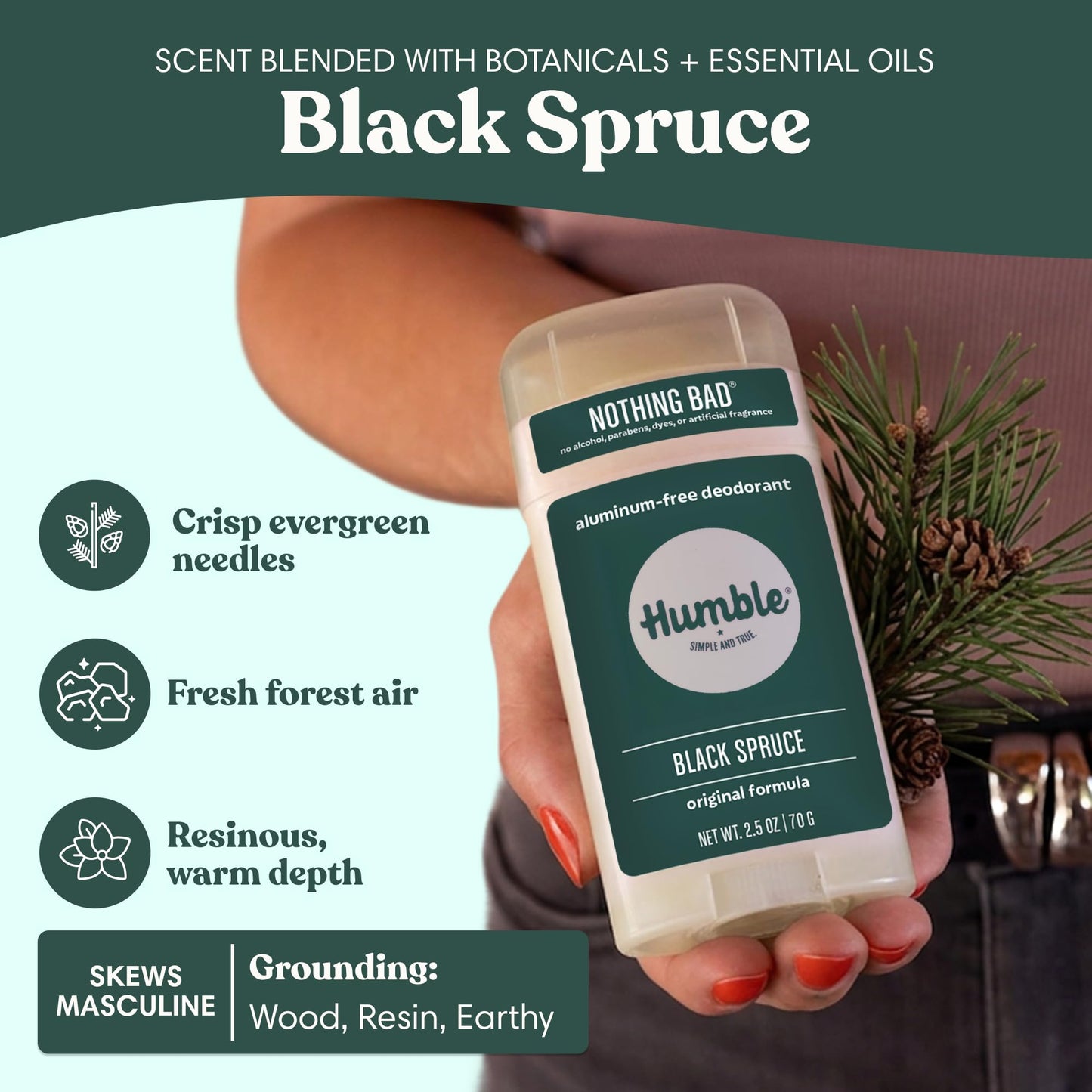 Humble Aluminum-Free Deodorant for Women & Men, Black Spruce - Clean & Fresh Natural Deodorant Stick with Essential Oils for Long-Lasting Odor Control - 3 Pack