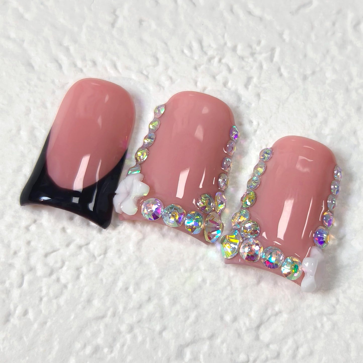 TENPAL Handmade Duck Nails Press on,Pink & Black French Tip Duckbill Tips with Rhinestone Edge,10PCS Glossy Glue on Nails Kit,Glitter Acrylic False Nails with Design,Y2K Punk Fake Nail for Women(M)