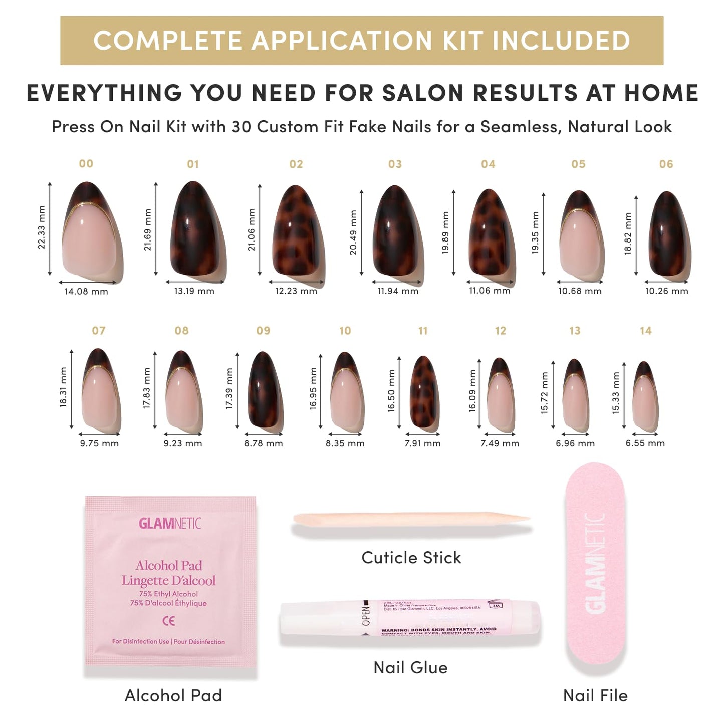 Glamnetic Press On Nails - Short Almond Fake Nails | Tortoiseshell French Tip Nails, Salon Quality Press On Nails Kit with Glue | Killazilla - 30 Nail Set in 15 Sizes