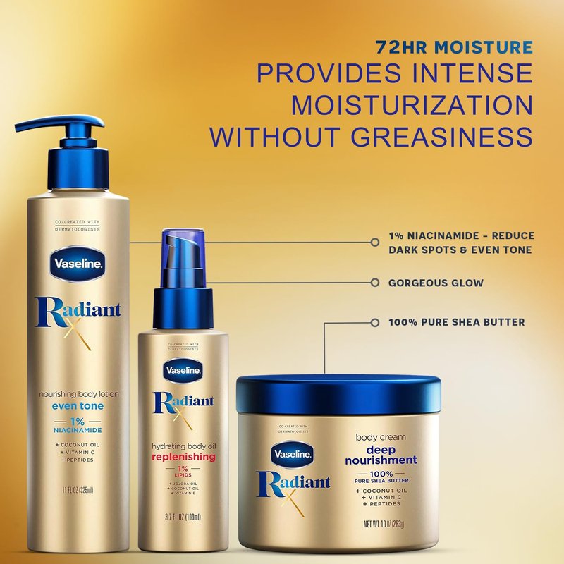 Vaseline Radiant X Skin Care Set – Even Tone Nourishing Body Lotion with 1% Niacinamide + Deep Nourishment Body Cream with Shea Butter & Vitamin C (2 Piece Set)