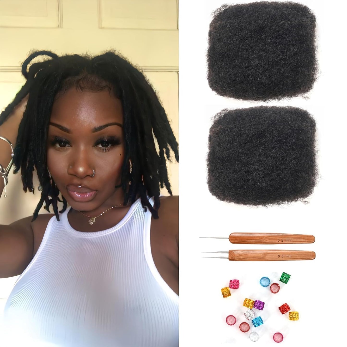 Afro Kinky Bulk Human Hair - 100% Human Hair for Dreadlock Extensions | 10 Inch Natural Black, Pack of 2