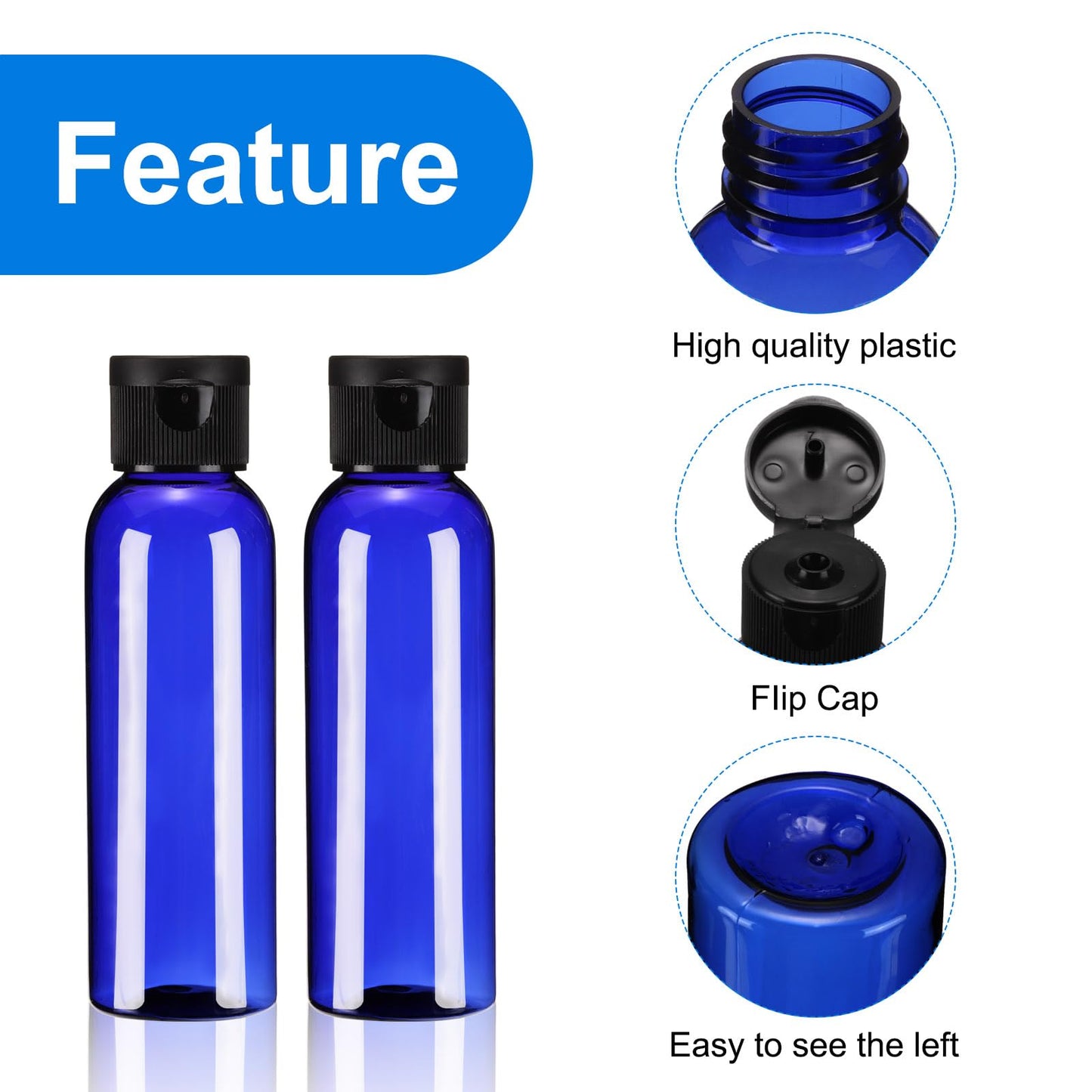 uxcell 2 Oz Plastic Bottles with Flip Caps, 100 Pcs Reusable Travel Size Containers with Lids Plastic Squeeze Refillable Dispensing Bottles for Shampoo, Body Soap, Toner(Blue Black)