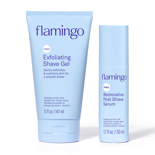 Flamingo Pubic Hair Shaving Skin Care Set, Exfoliating Shaving Gel for Women 5 fl oz with Restorative Post Shave Serum 1.7 fl oz
